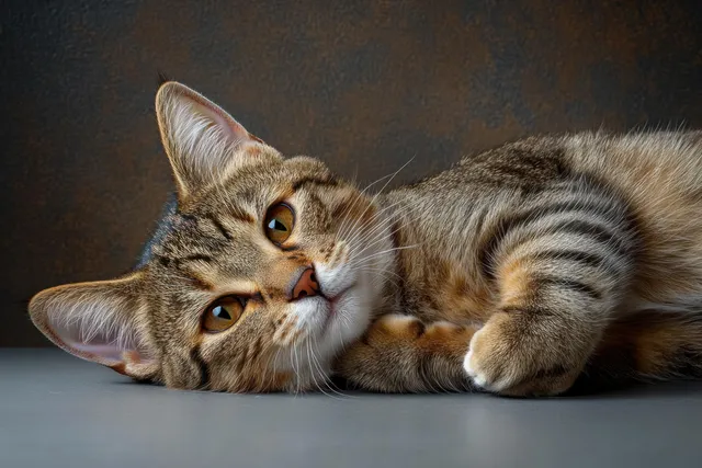 Grey tabby kitten lying on a dark surface, looking up with expressive eyes under chiaroscuro lighting.