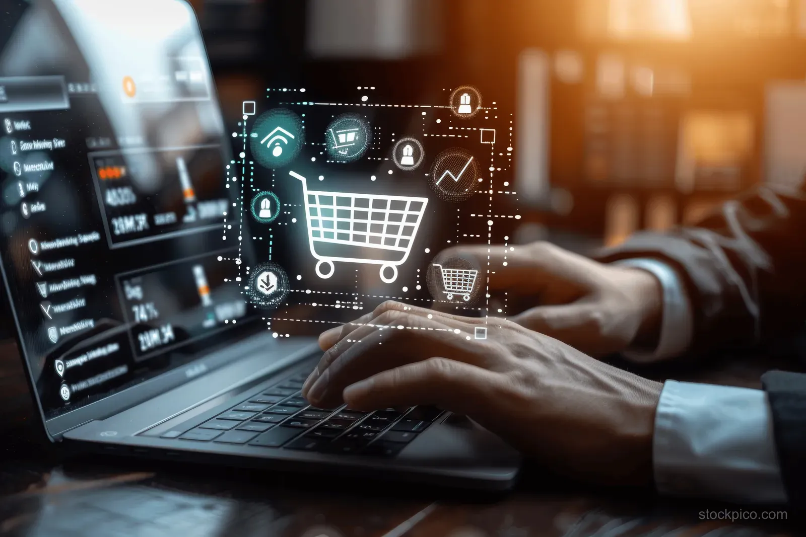 Businessman’s hands use a laptop showing an online cart and credit card payment interface with floating payment icons.