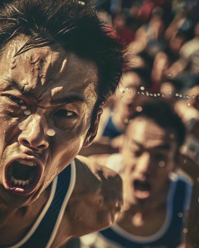 Japanese 4x100m relay runners hold batons in a tense huddle on the track while a crowd cheers behind them.