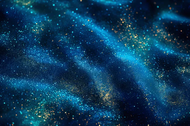 Emerald and blue fluid nebula background with glittering dust and gold particle trails