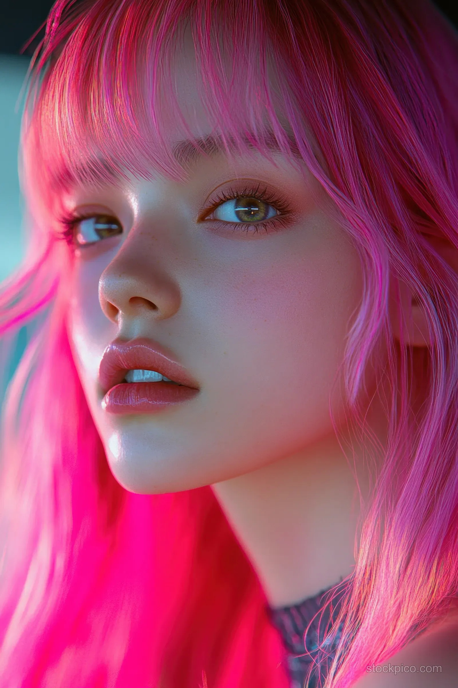 Young woman with bright pink hair and soft makeup looks thoughtfully to the side in natural light.