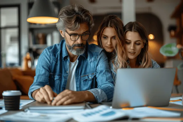 Team leader and two managers review business documents on laptops in modern office