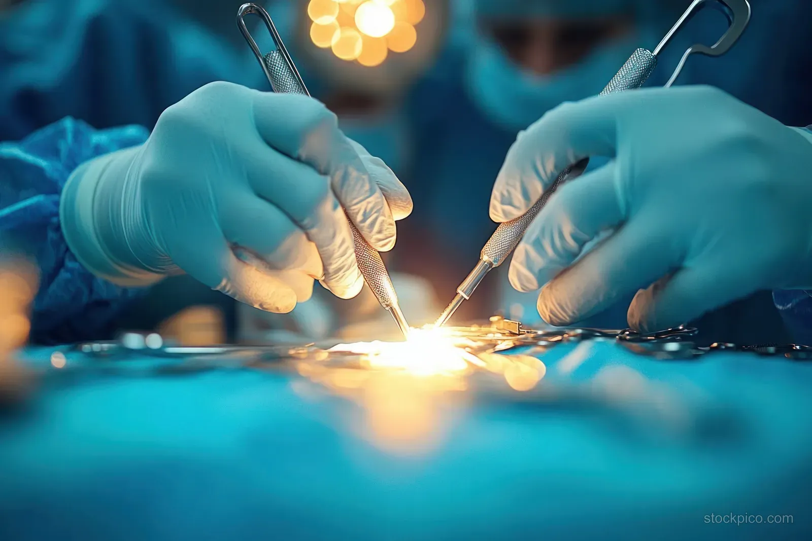Gloved surgeons’ hands use fine surgical instruments during a procedure under bright operating room lights.