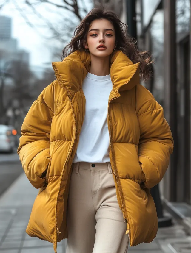 A young woman in a mustard puffer jacket walks confidently on a winter sidewalk with city buildings in the background.