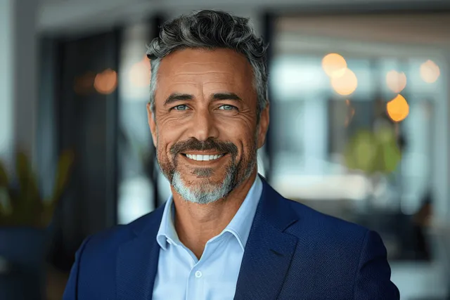 Smiling middle-aged business executive in a blue suit standing in a modern office with blurred lights behind him.