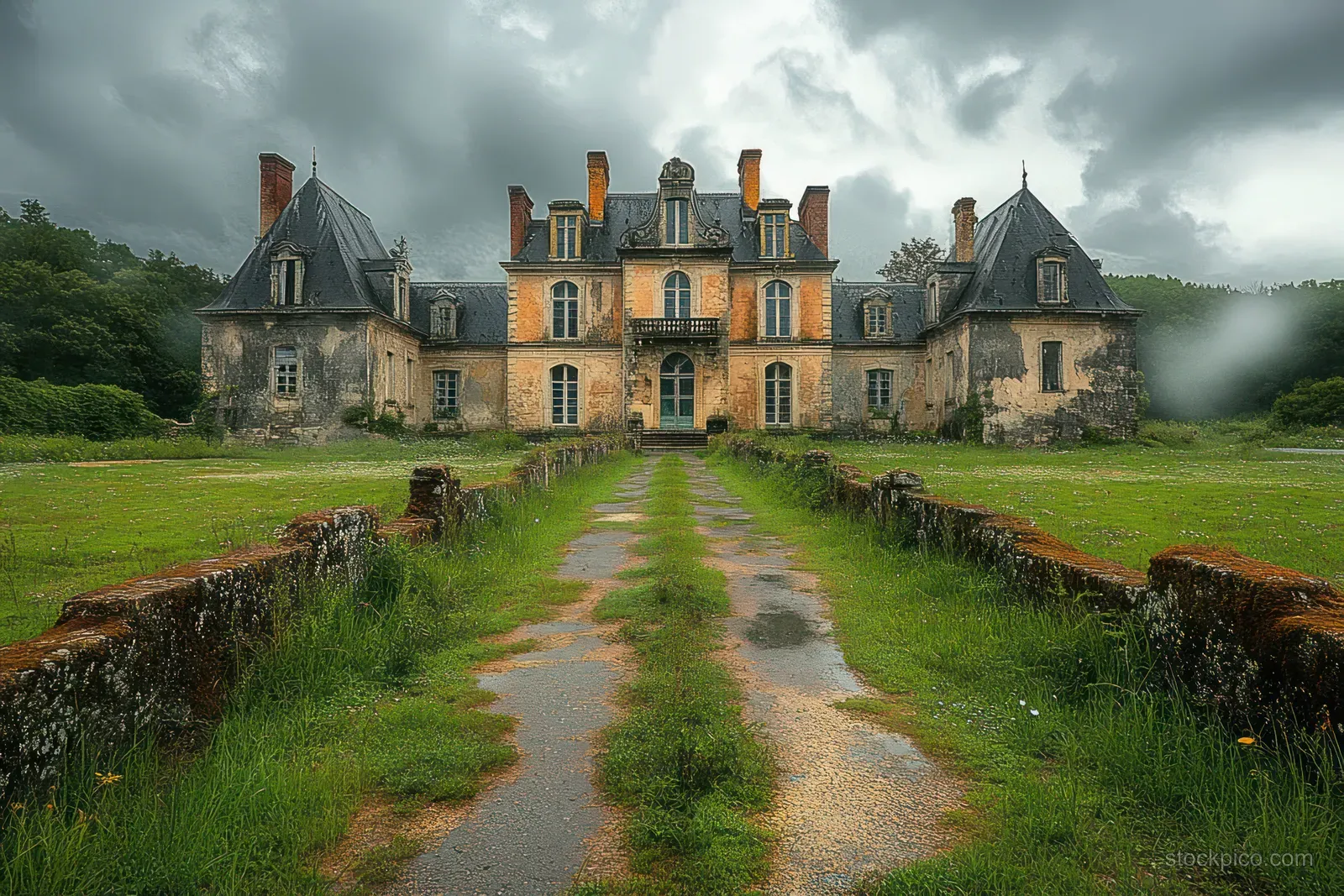 An abandoned stone mansion with tall towers and an overgrown driveway stands under dark storm clouds.