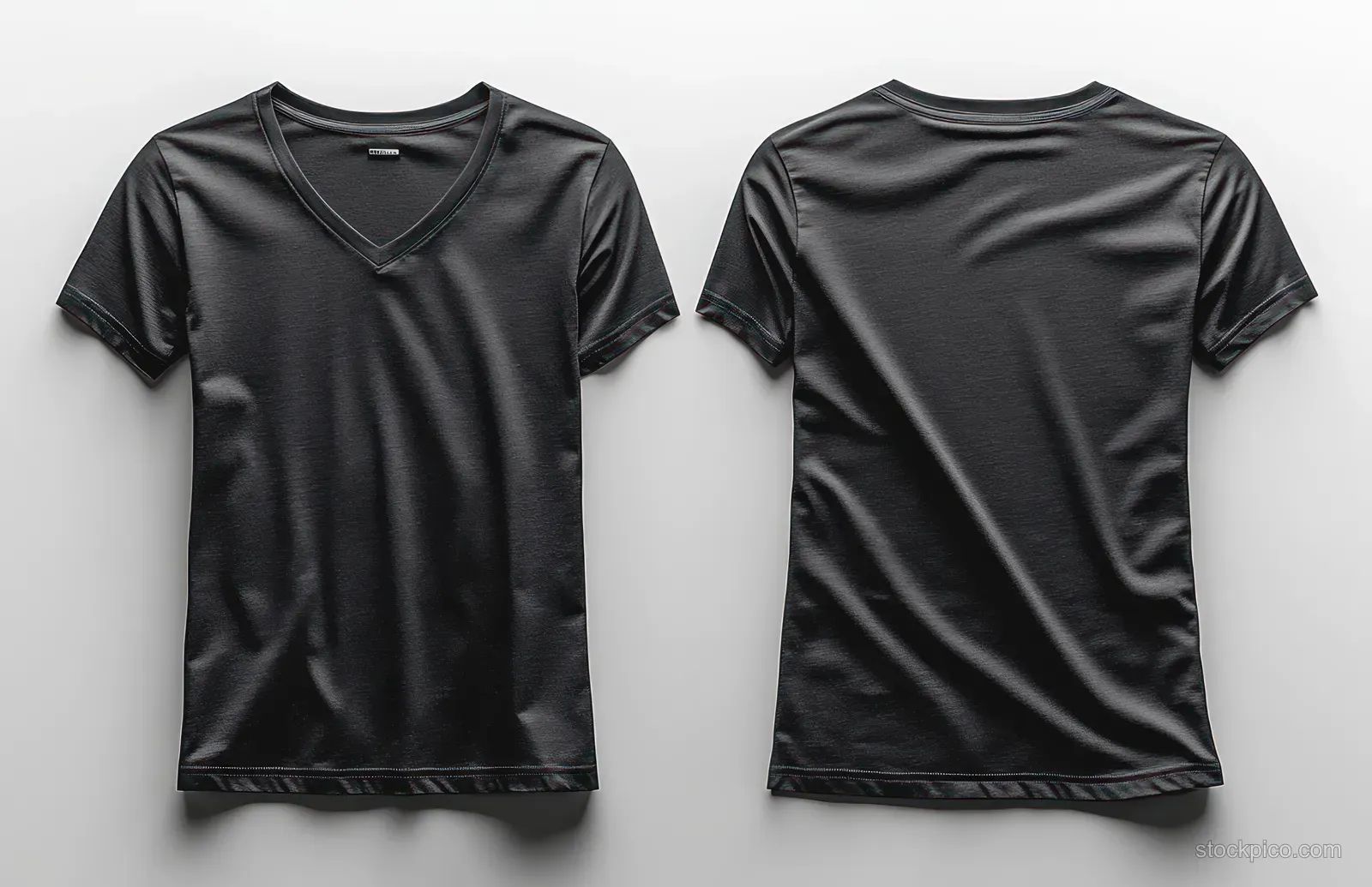 A black V-neck t-shirt is shown flat from both front and back with subtle fabric wrinkles on a light background.