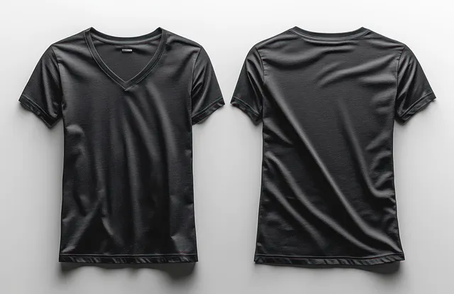 A black V-neck t-shirt is shown flat from both front and back with subtle fabric wrinkles on a light background.