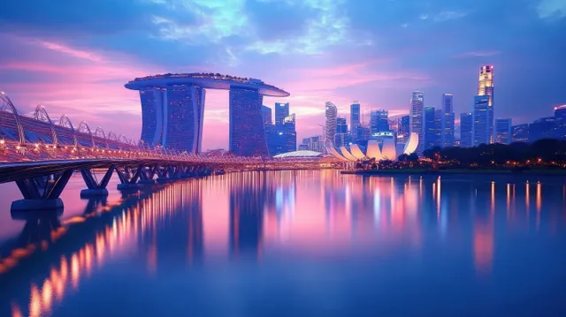 Singapore skyline at dusk with Marina Bay Sands and Lotus Building lights reflected on calm water