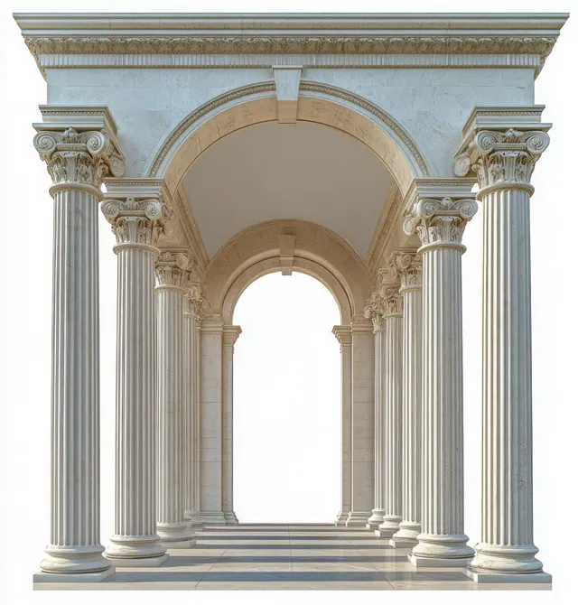 Symmetrical neoclassical archway with white marble columns and carved capitals framing a bright corridor.