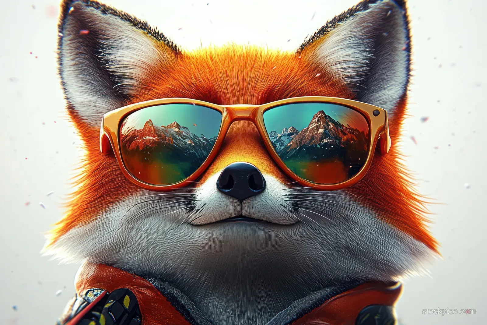 A red fox close-up wearing orange sunglasses with snowy mountain reflections in the lenses.