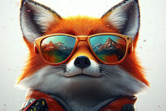 A red fox close-up wearing orange sunglasses with snowy mountain reflections in the lenses.