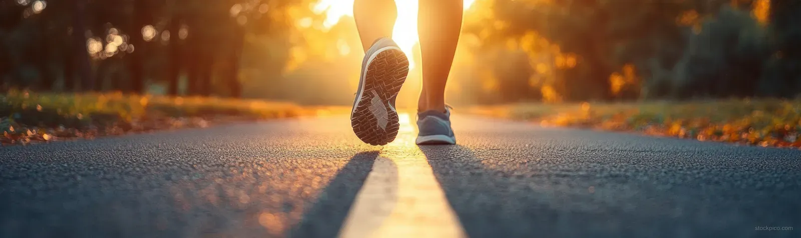 Closeup of a runner’s feet in running shoes stepping along a sunlit morning path at sunrise.