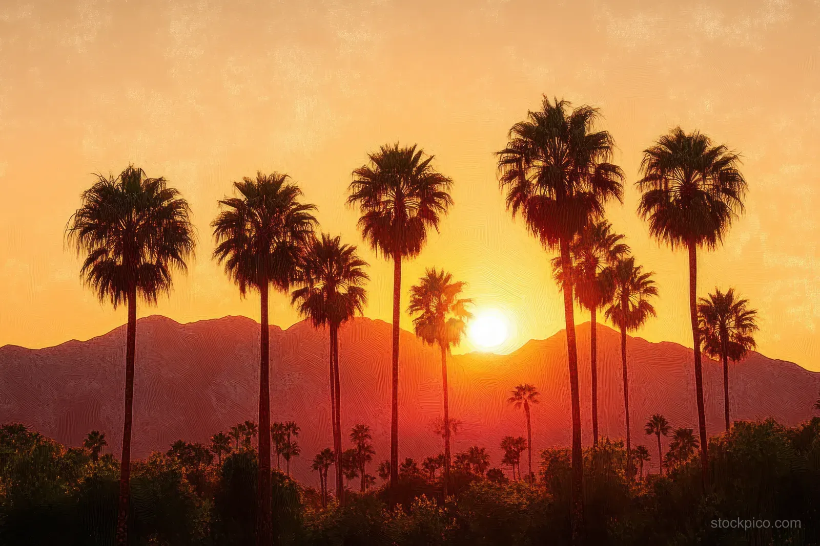 Palm trees silhouetted against a sunset sky with mountains in the background.