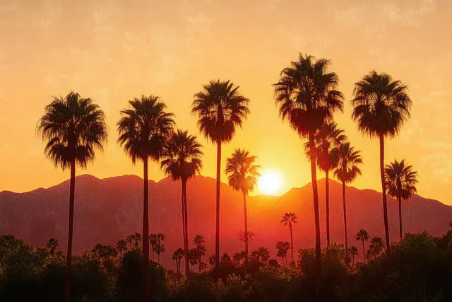 Palm trees silhouetted against a sunset sky with mountains in the background.