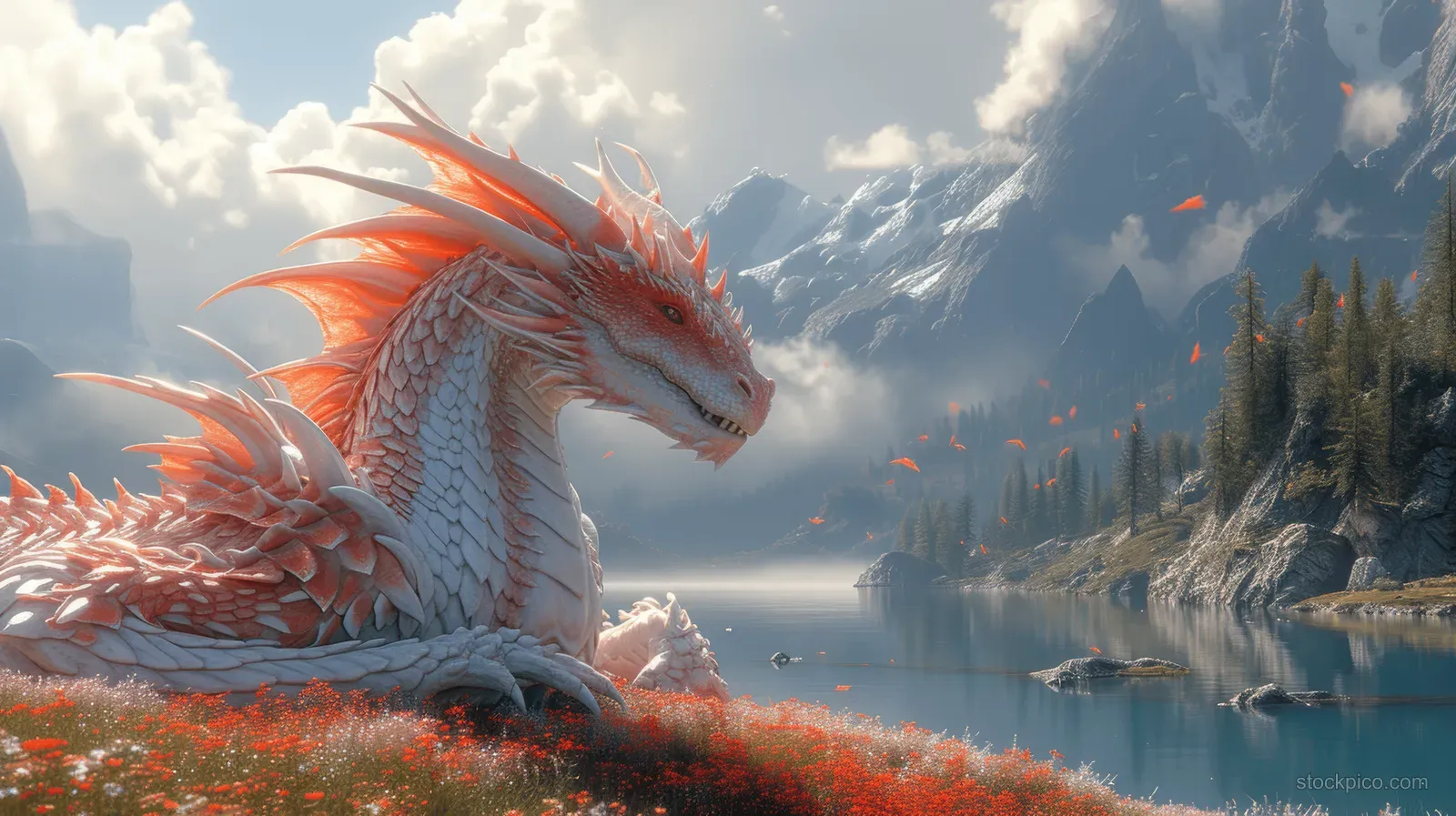 A red and white dragon lies on a lakeshore, breathing sparks beside misty mountains and a blue lake.