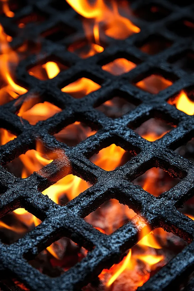 Blackened grill grate over glowing orange flames and hot embers with charred metal grid texture.