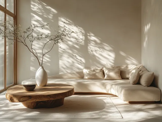 Horizontal wooden framed wall poster above a curved beige sofa with neutral decor and soft sunlit shadows.