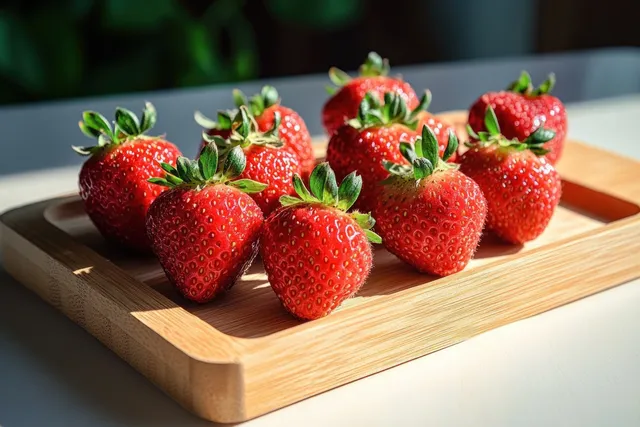 Ripe red strawberries with green leaves arranged on a wooden tray in bright natural daylight.