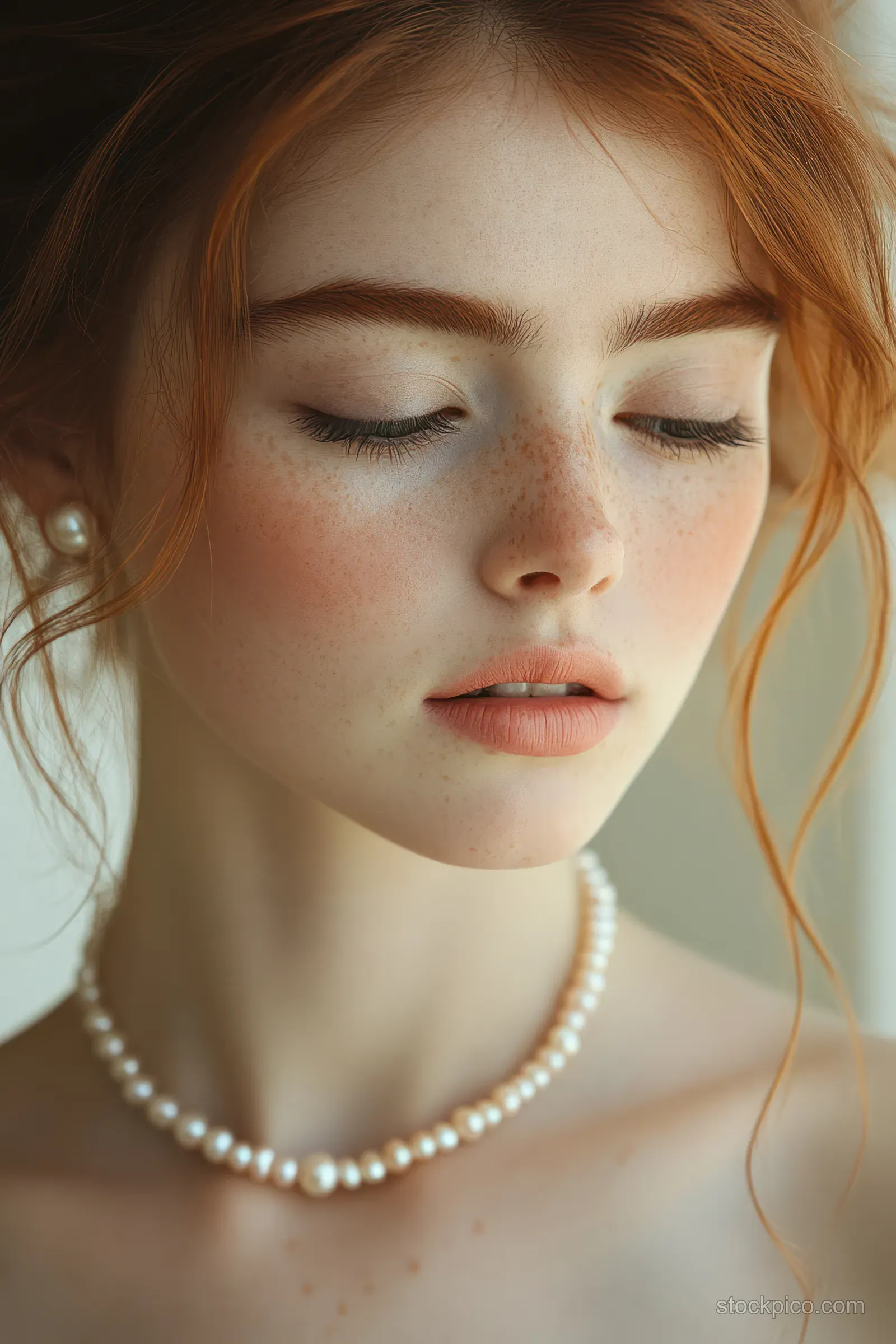 Close-up of a young woman outdoors wearing a pearl necklace with her hand near her face in spring sunlight.