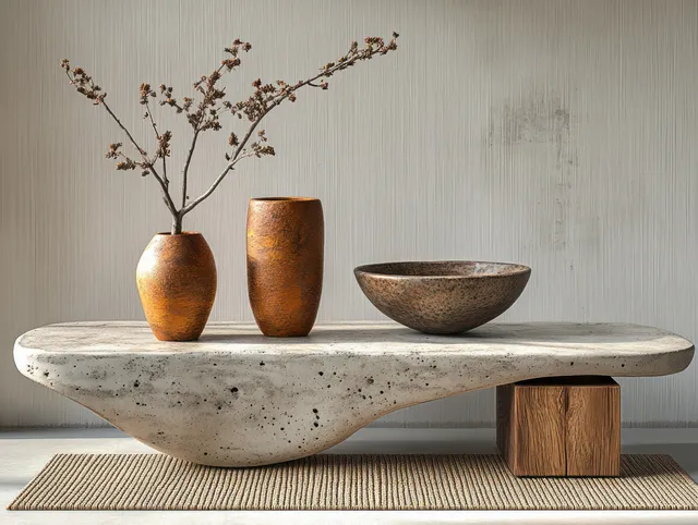 Concrete coffee table arranged with woven placemat, ceramic bowls, and small vase on a warm neutral background.