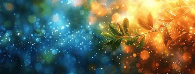 Glowing teal and blue gradient background with soft bokeh and warm orange light specks