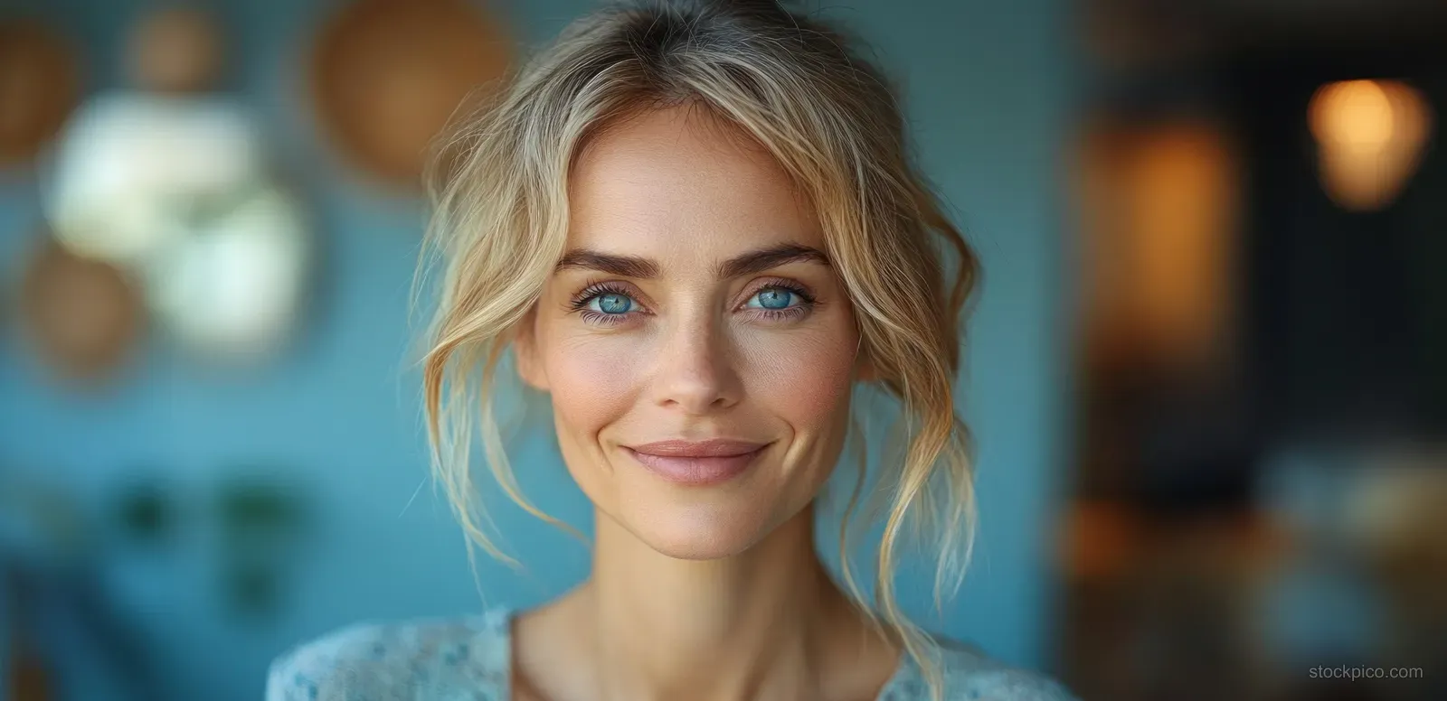 Smiling mature blonde woman with a glowing complexion against a blue studio background.
