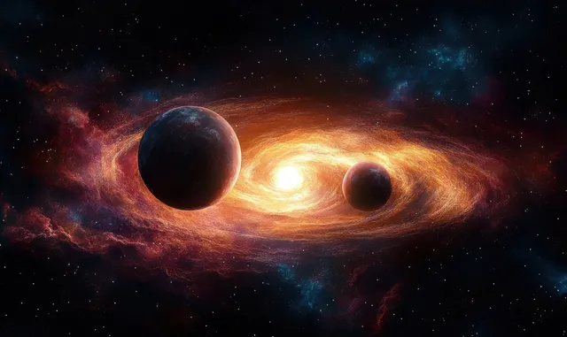 A dark planet and moon float amid a glowing nebula with swirling gas, dust, and distant stars.