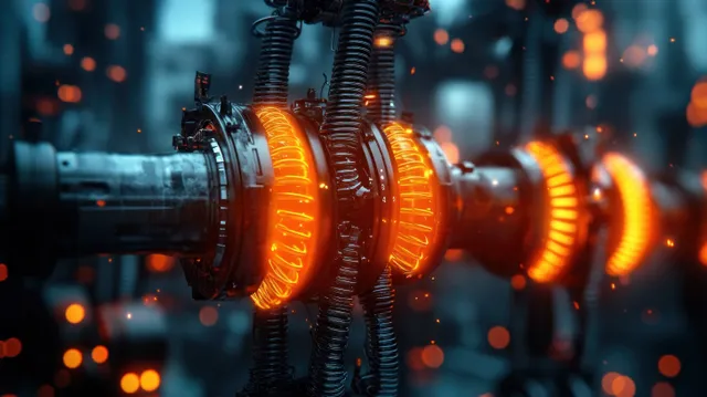 Orange glowing gears rotate inside a futuristic industrial machine with sparks and metallic parts in view.