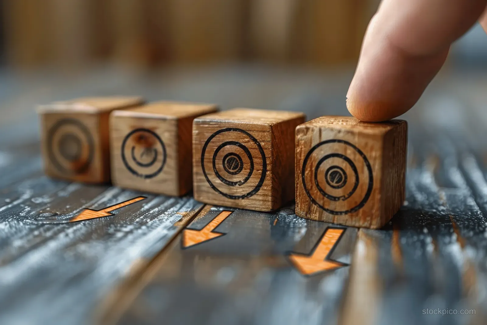 Man’s hand sets a wooden block with a target icon as arrows point toward goals on a table.