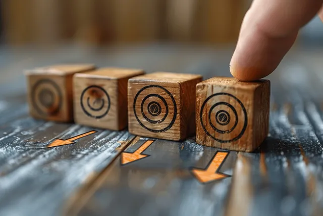 Businessman hand placing target icon blocks with arrows on table for strategic success planning