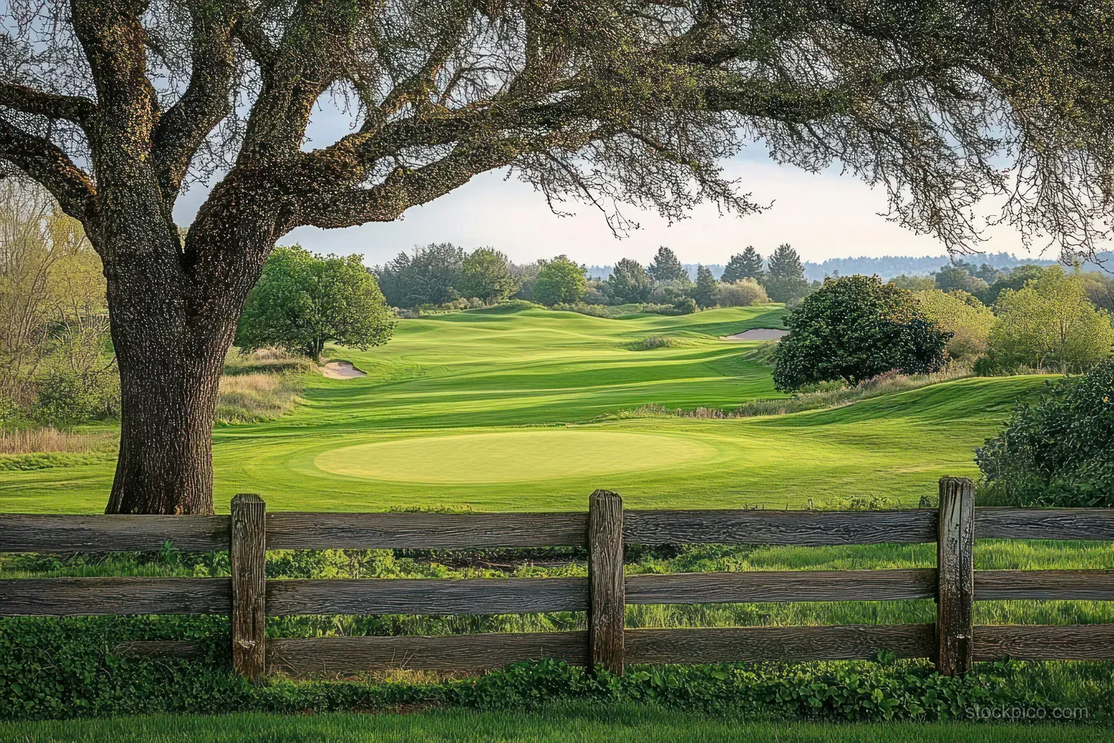 A golf fairway and green viewed past a wooden fence and large tree.