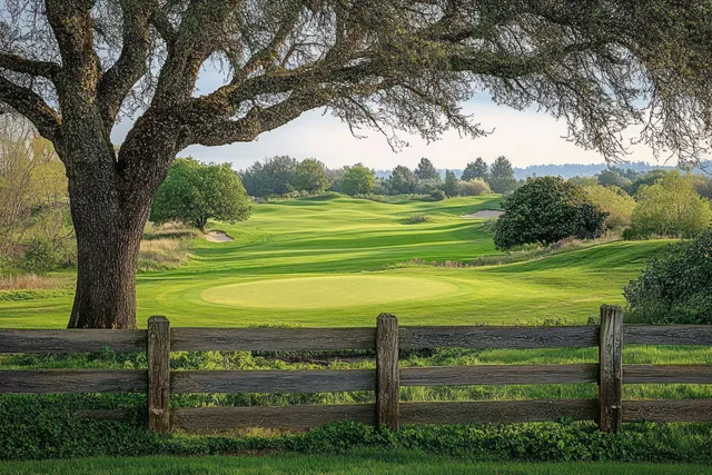 A golf fairway and green viewed past a wooden fence and large tree.
