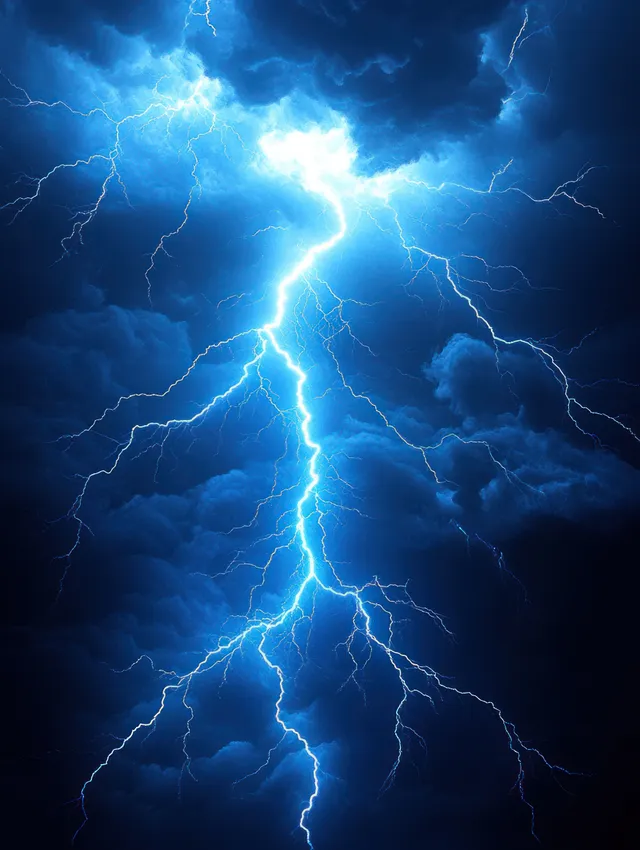 Bright blue lightning bolts split dark storm clouds at night