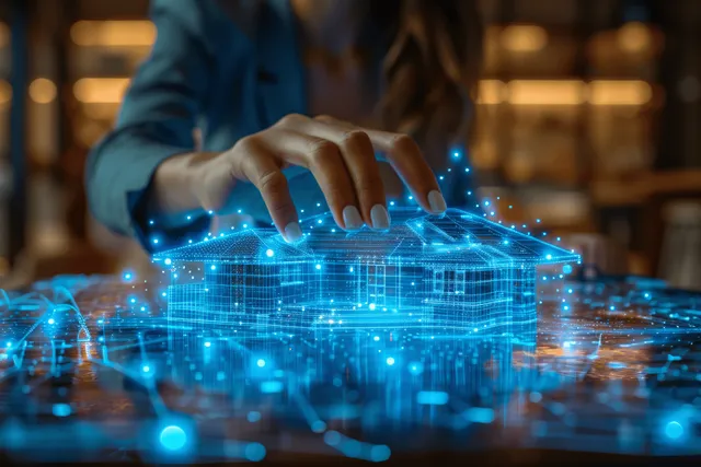 A businesswoman signs a mortgage contract while interacting with a glowing holographic 3D house in a real estate office.