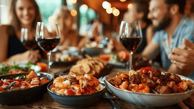 Rustic Italian dining table with seafood and pasta dishes as friends toast red wine