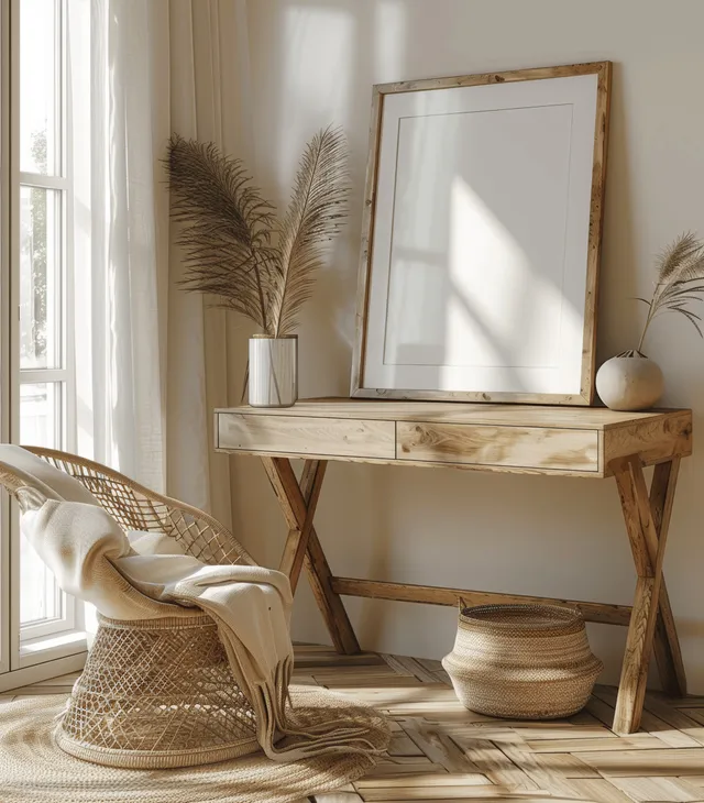 Boho wooden desk with a blank poster frame and pampas grass in a sunlit living room.