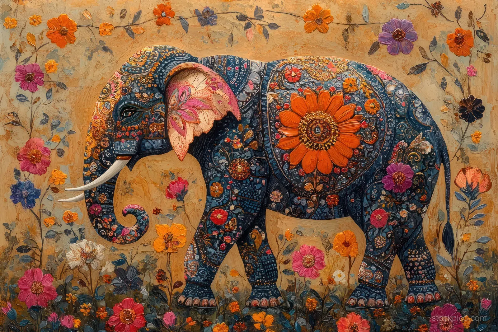A Madhubani-style elephant painting surrounded by floral vines and bright circular mandala patterns.