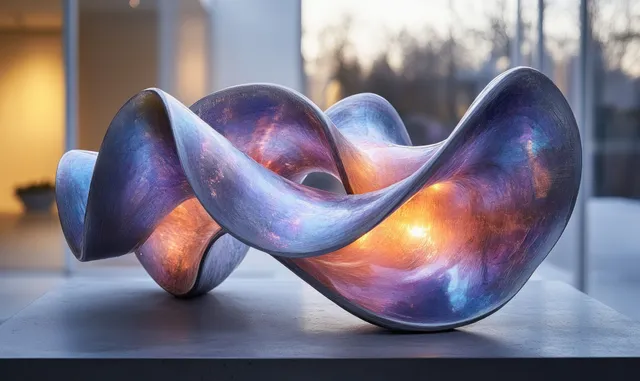 Iridescent purple-blue abstract sculpture with flowing curved ribbon form on studio tabletop