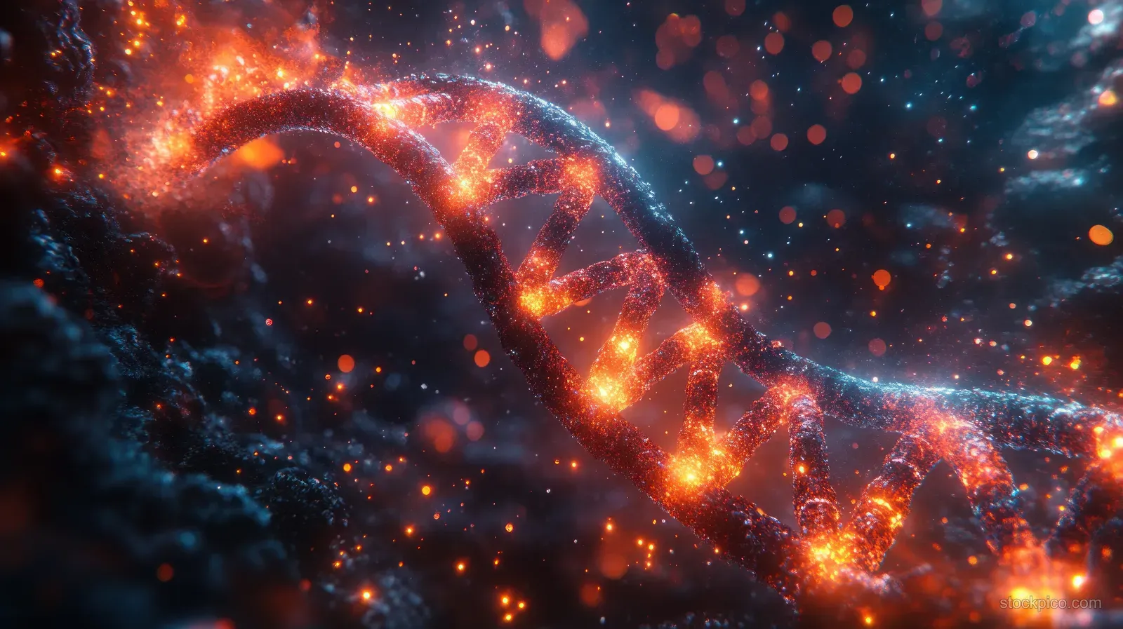 Neon particle DNA helix glows through a dark cyberpunk space nebula with scattered sparks and light trails.
