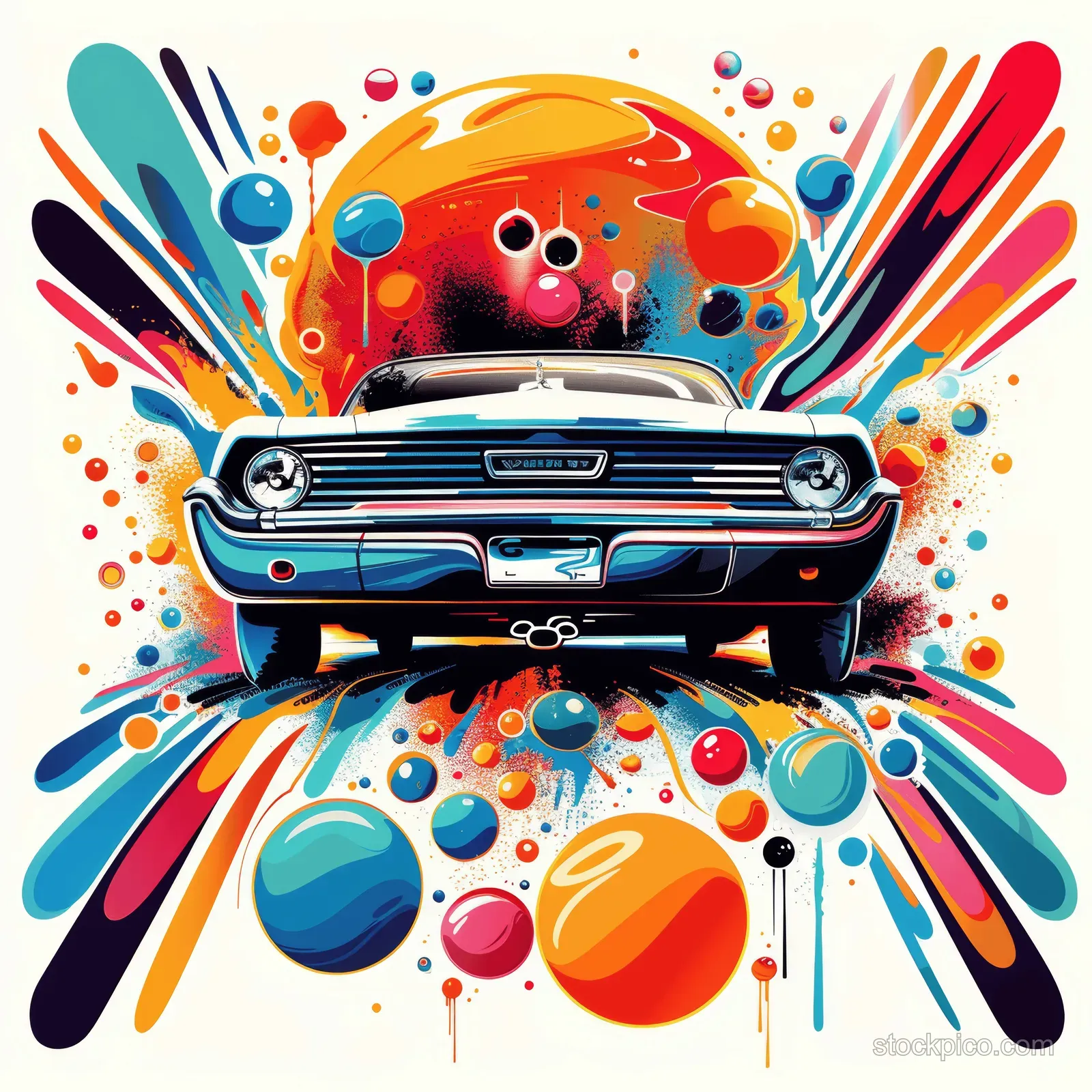 Retro car centered in psychedelic vector splashes and geometric shapes on a white background.