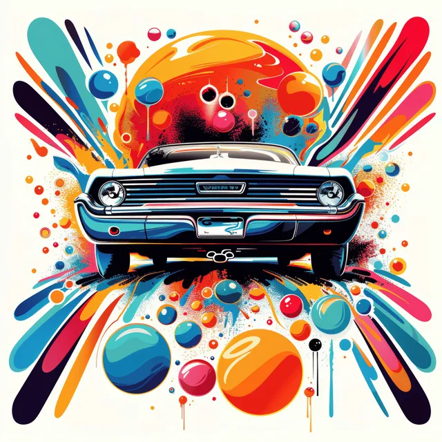 Retro car centered in psychedelic vector splashes and geometric shapes on a white background.