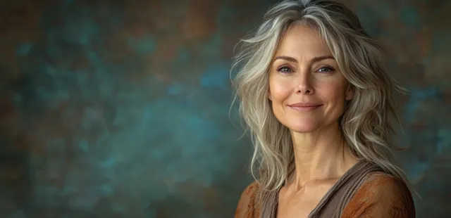 A smiling mature woman with radiant skin poses against a soft pastel blue studio background.