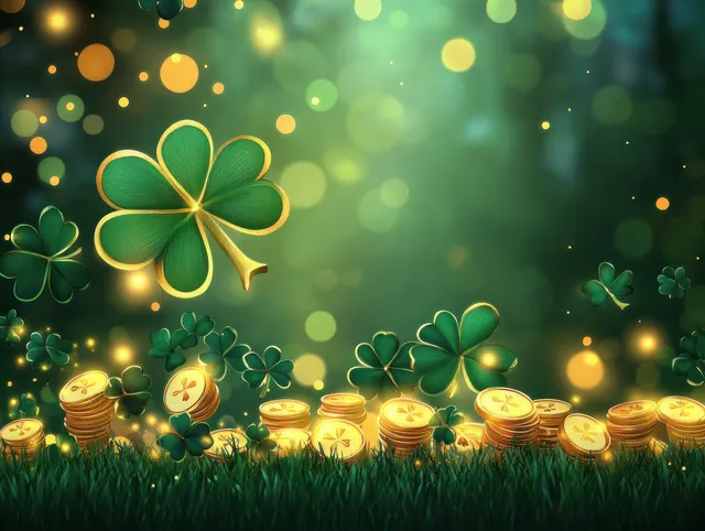 Glowing shamrock leaves float above piles of gold coins with warm bokeh lights on a green background.