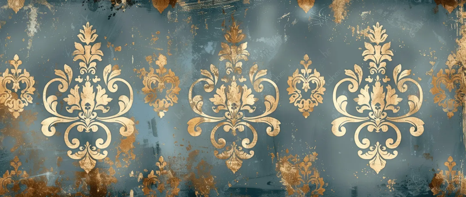 Repeating gold damask floral ornaments on a distressed blue wallpaper background with aged speckled texture.