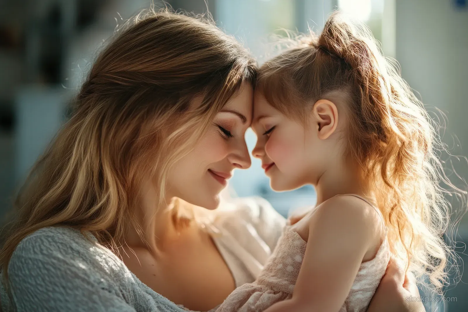 Mother hugs her young daughter in a hospital recovery room, both resting and comforting each other.