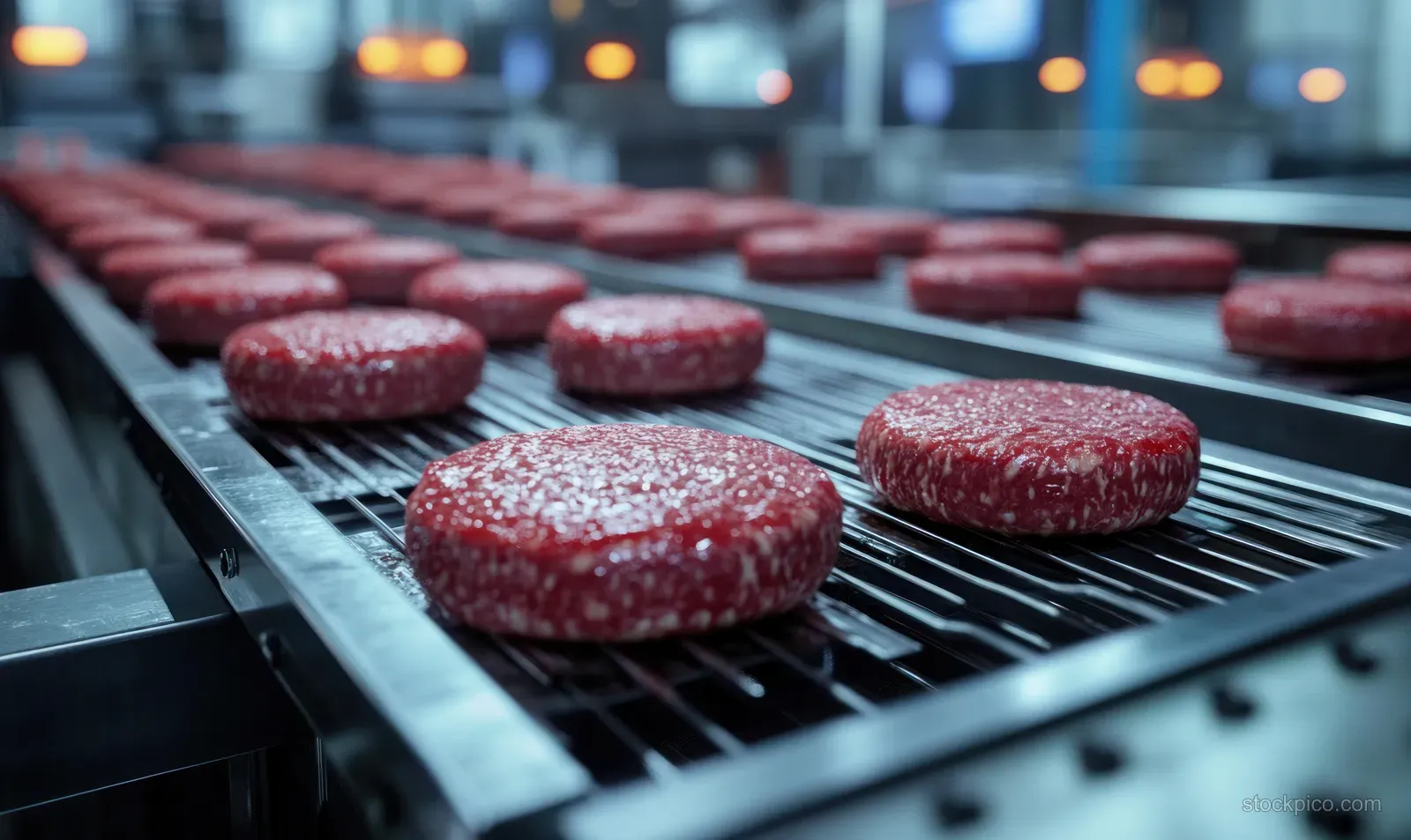Raw hamburger patties on a stainless conveyor belt inside a clean meat processing facility.