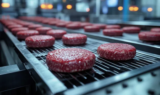 Raw hamburger patties ride a conveyor belt in a hygienic meat processing plant