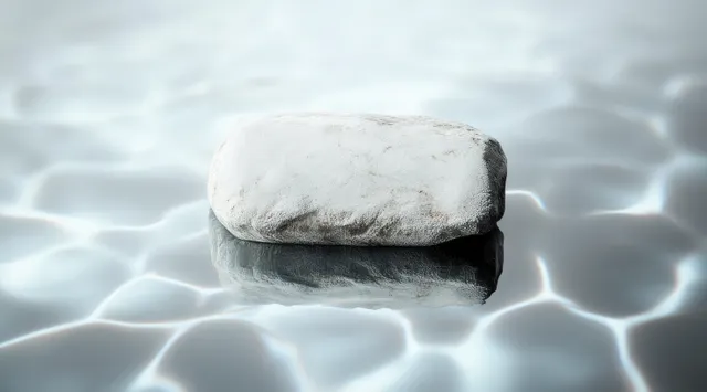 A single gray stone rests on a reflective surface as rippling water light patterns spread around it.