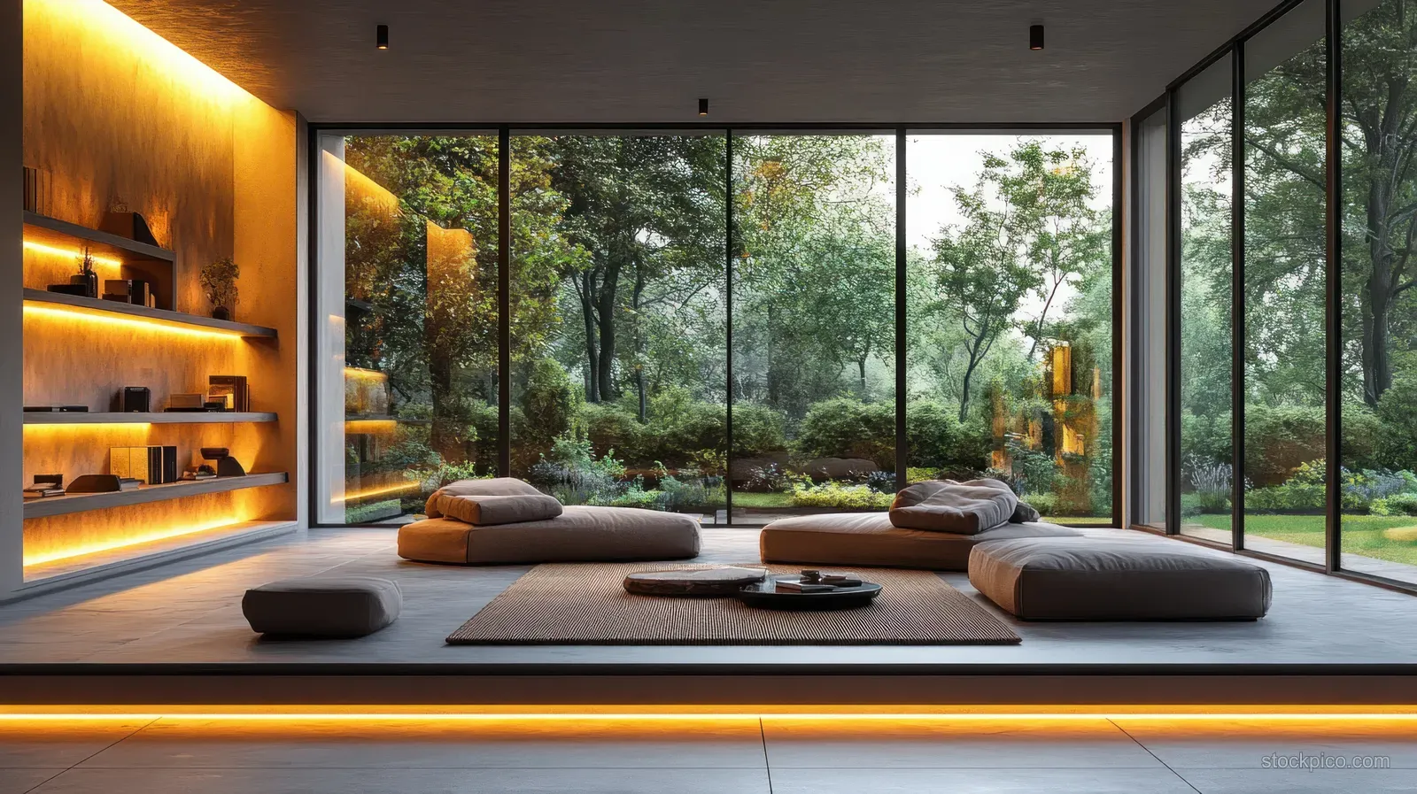 Minimalist glass guardrail with geometric metal frames beside a modern terrace interior and trees outside through the glass.